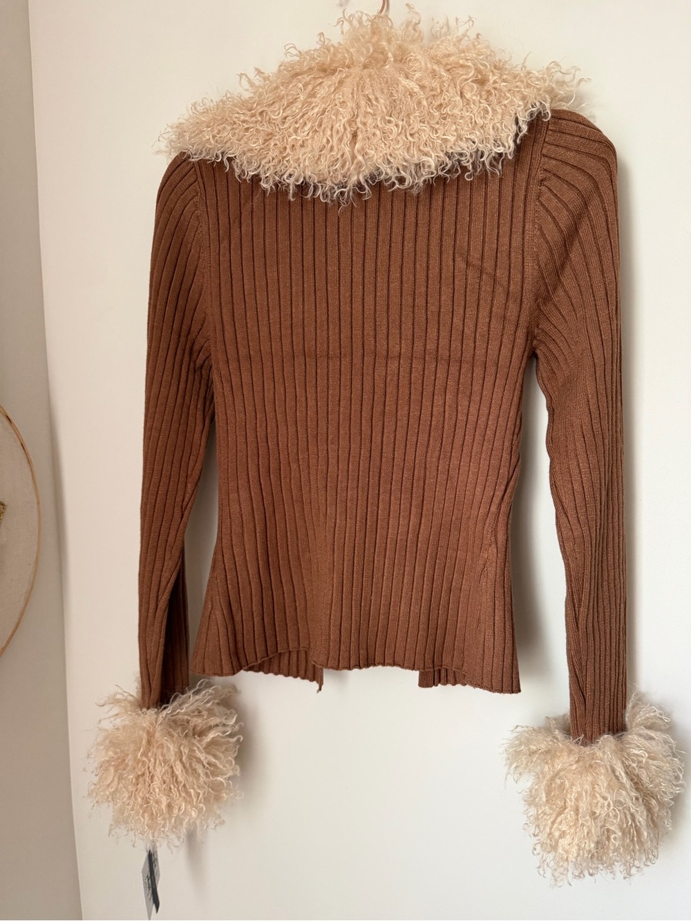 Brown Ribbed Tie-Front Cardigan with Cream Faux-Shearling Trim - Picture 4 of 4